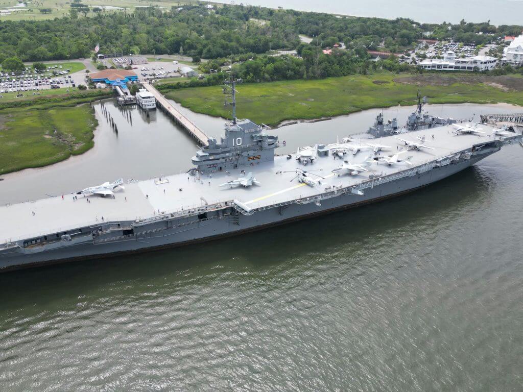 pexels-photo-12485408-12485408 Aerial view of the historic USS Yorktown aircraft carrier docked in Mount Pleasant, SC.